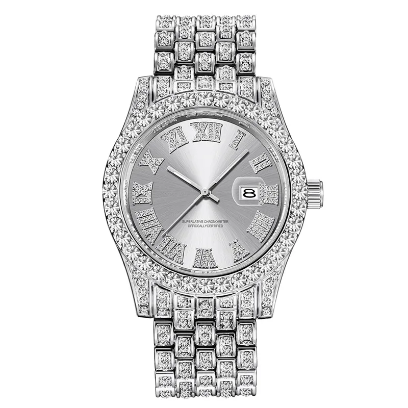 Men Genuine Big Brand Watches Hip Hop Diamond Luxury Golden Fashion Casual Alloy Band Date Quartz Watch Relogios Masculinos 2024