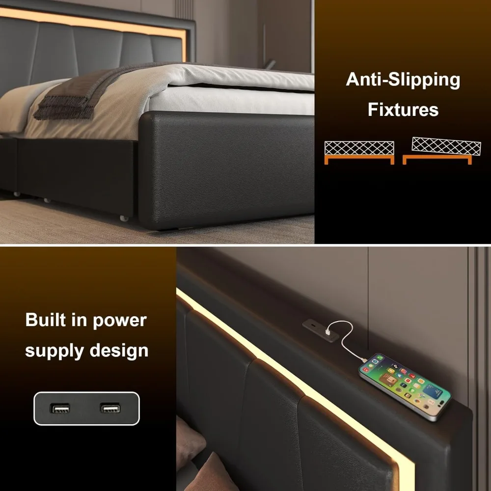 Estrutura de cama completa com 4 gavetas de armazenamento e cabeceira ajustável, cama de plataforma estofada com luzes LED e portas USB