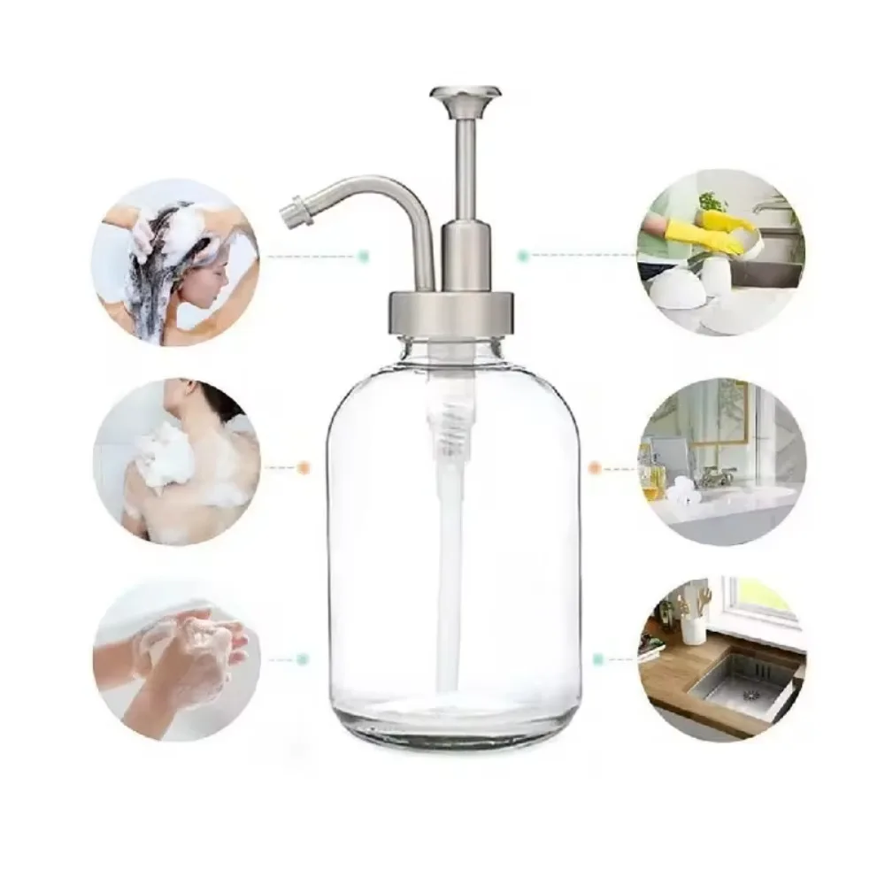 New 500ml Glass Soap Dispensers Portable Clear Hand Soap Dispenser Upgraded Pump Fillable Coffee Syrup Dispenser