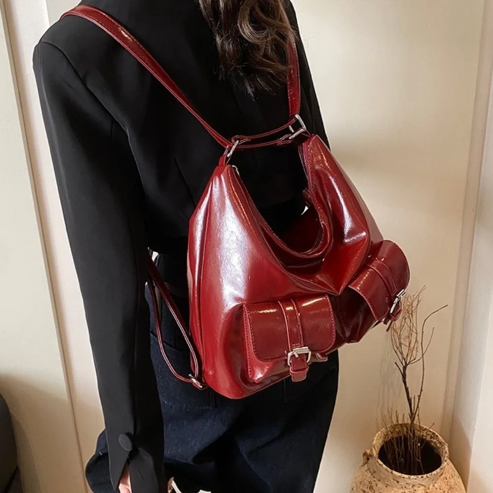 الصلبة اللون جيوب متعددة حقائب الظهر سعة كبيرة حقيبة كتف بولي Leather الجلود حقيبة كروسبودي حمل حقيبة Y2K نمط المرأة على ظهره #4