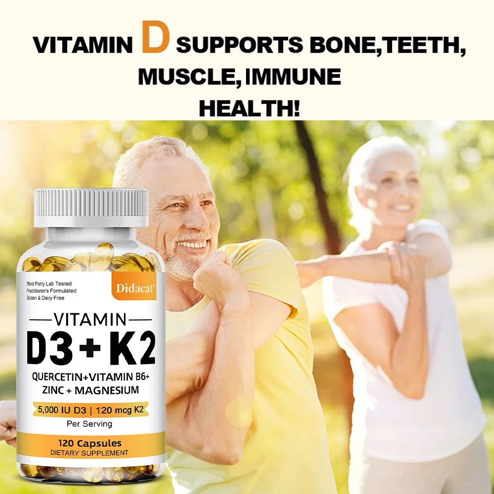Capsule di vitamina D3 5000IU e 120 Mcg di vitamina K2 per assorbimento del calcio, rigenerazione ossea, supporto immunitario, facile da sciogliere