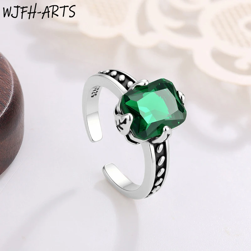 WJFH-ARTS Vintage Rectangle Green Emerald Crystal Open Adjustable Ring for Women Silver Plated Black Enamel Finger Ring Retro