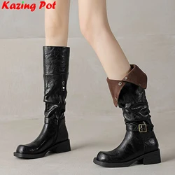 Krazing Pot 2025 Cow Leather Med Heels Modern Stretch Boots Winter Warm Shoes Vintage Belt Buckle Runway Women Thigh High Boots