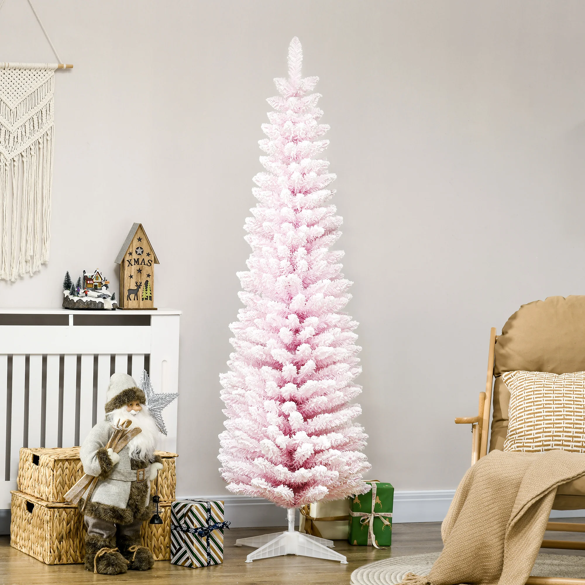 

6' Snow Flocked Artificial Christmas Tree Pencil Xmas Tree W/ Branch Tips Pink