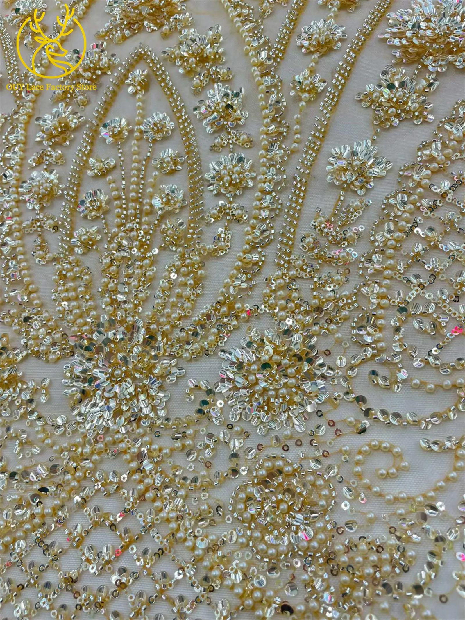 5 Yards afrikanischer schwerer Perlen-Pailletten-Netzstoff, goldener französischer Pailletten-Tüllstoff für wunderschöne Hochzeitskleider zum Nähen – Detail 6