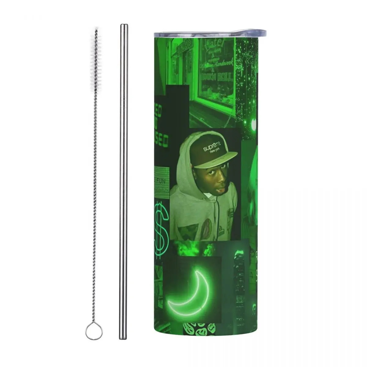 Dark Green Aesthetic Collag Stainless Steel Tumbler Vacuum Insulated Mugs Thermal Cold Cup Straw With Lid 20oz