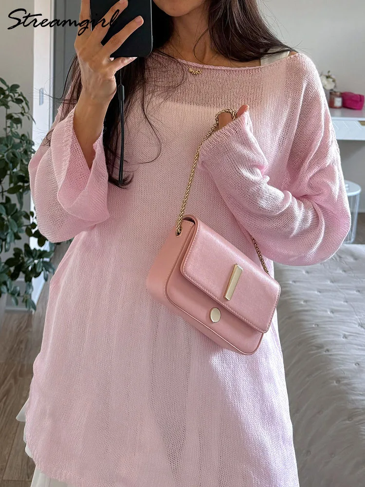 Women Summer Oversized Hollow Out Sweater Pink Loose Thin Pullover See Through Tops Long Sleeve Knitted Transparent Sweaters