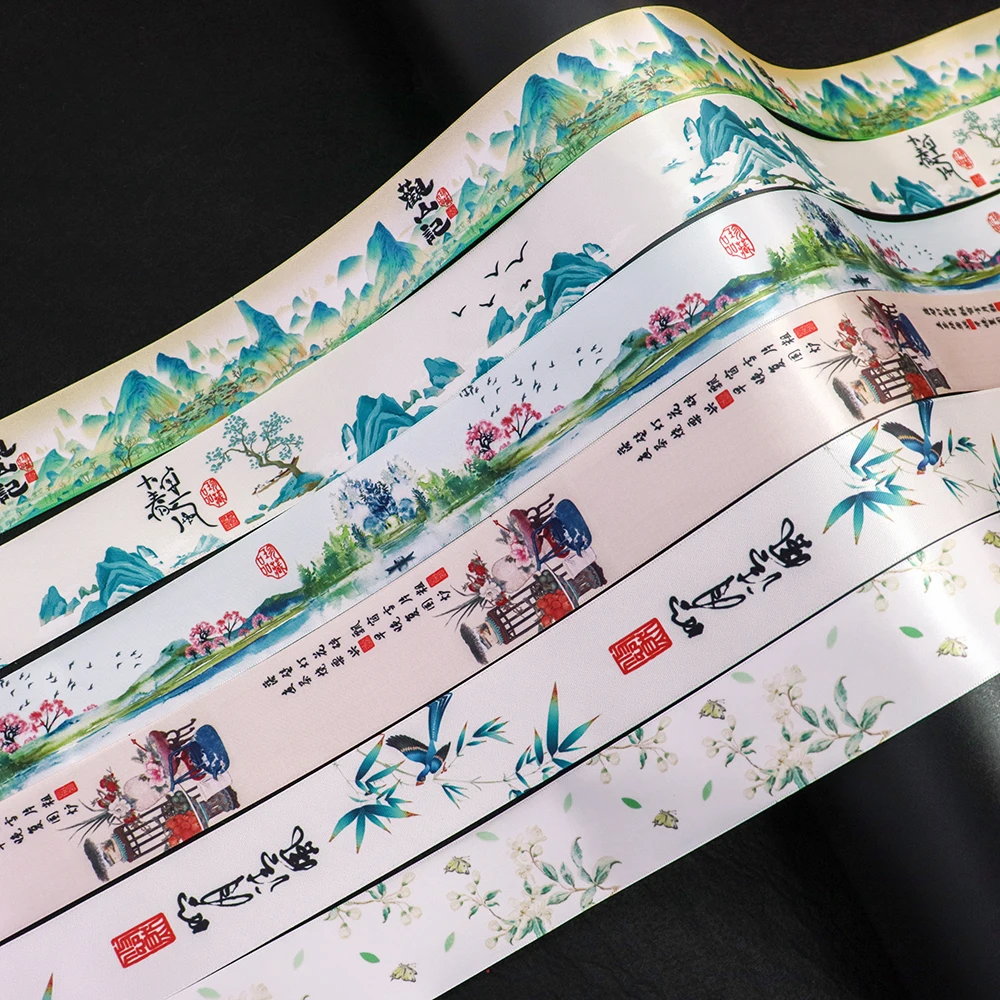 

1-1/2'' 38mm Chinese Style Landscape Painting Silk Satin Ribbons For Party Decoration Card Gift Wrapping Apparel Sewing