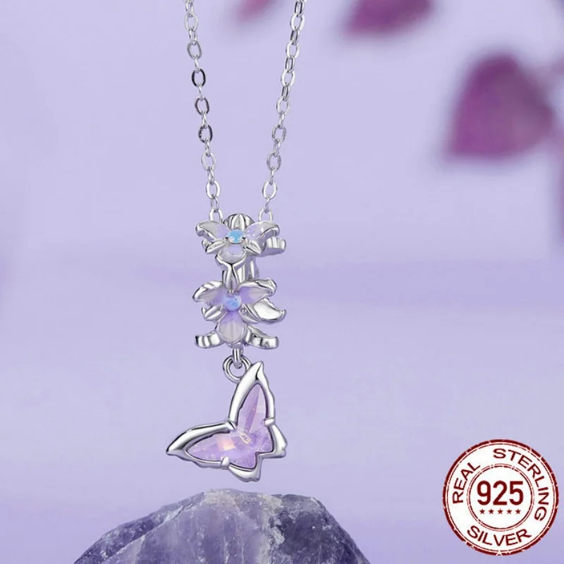 

Purple Butterfly Iris Necklace 925 Sterling Silver Pendants Elegant Woman's Pendant Romantic Style Fashion Jewelry 2024