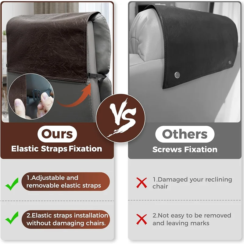 Headrest Cover Faux Leather For Recliner Chair With Elastic Straps- For Recliner Headrest Protector Brown