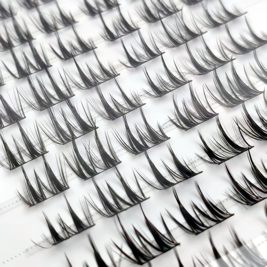 Double-pointed Wheat-ear False Eyelashes, Ultra-fine Individual Lashes with Black Band, 3 Clusters for Easy Application, Full 3D
