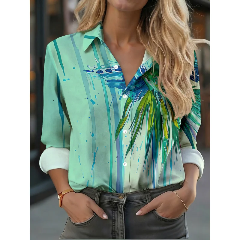 Nueva Camisa Casual de Manga Larga para Mujer, Color Azul Turquesa con Estampado de Pájaro y Gotas de Tinta, Alas que se Agitan como una Bruma Colorida