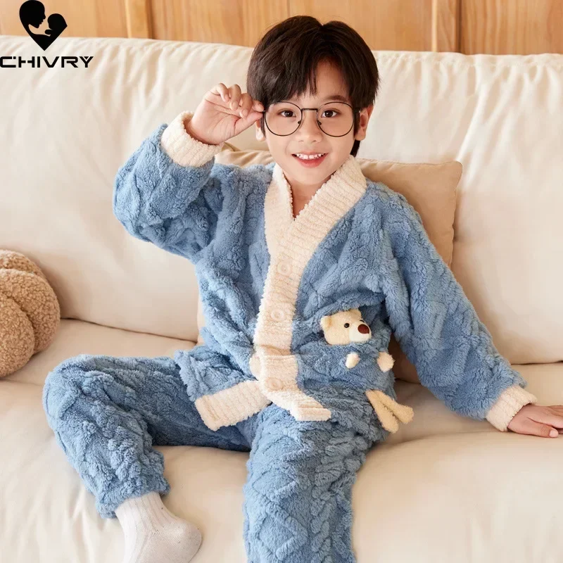 New Autumn Winter Kids Thicken Warm Flannel Pajamas Baby Boys Girls Cartoon Bear V-neck Casual Sleepwear Clothing Sets Pyjamas