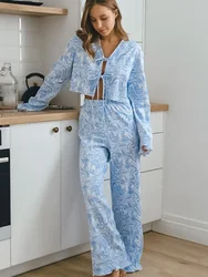 Bornladies Knitted Cardigan Long Sleeved Pants Pajama Set  Women's Autumn New Casual Loose Printed Home Clothes 2 Pieces Sets