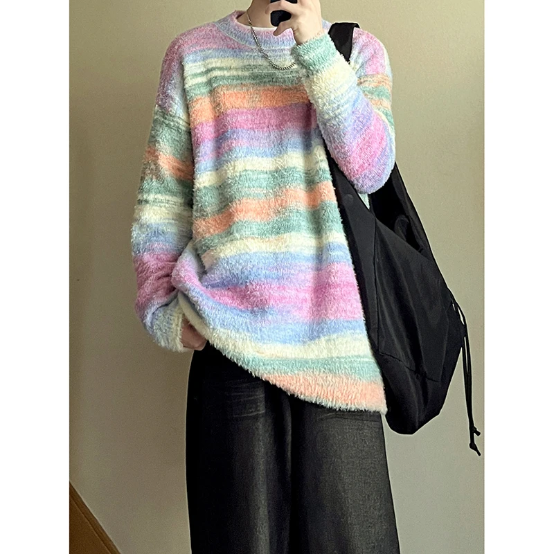 

Winter Sweater Men Warm Fashion Color Striped Knitted Pullover Men Korean Loose Long Sleeved Sweater Mens Jumper Clothes M-2XL