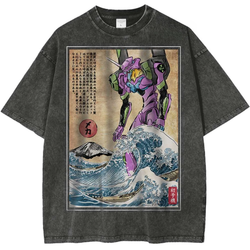 2026 Neues Neon Genesis Evangelion EVA-02 Grafik-T-Shirt für Herren und Damen aus Baumwolle im Vintage-Washed-Look mit Aufdruck im Streetwear-Stil