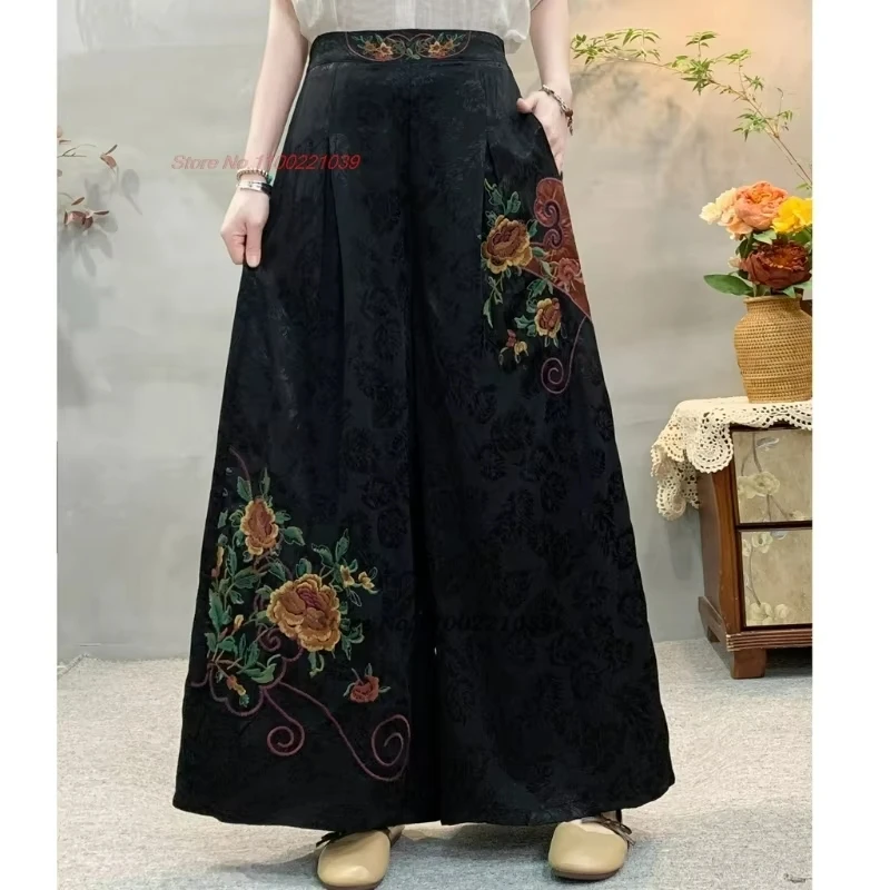 

2025 chinese vintage satin jacquard folk pants national flower embroidery ethnic pants retro elastic waist wide leg trousers