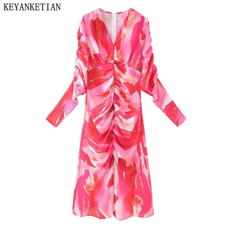 

KEYANKETIAN New Launch Sleeve Pleated Design Tie dye Printed Dress Women's Elegant Sexy Back Zipper Deep V-neck Slim MIDI Dress