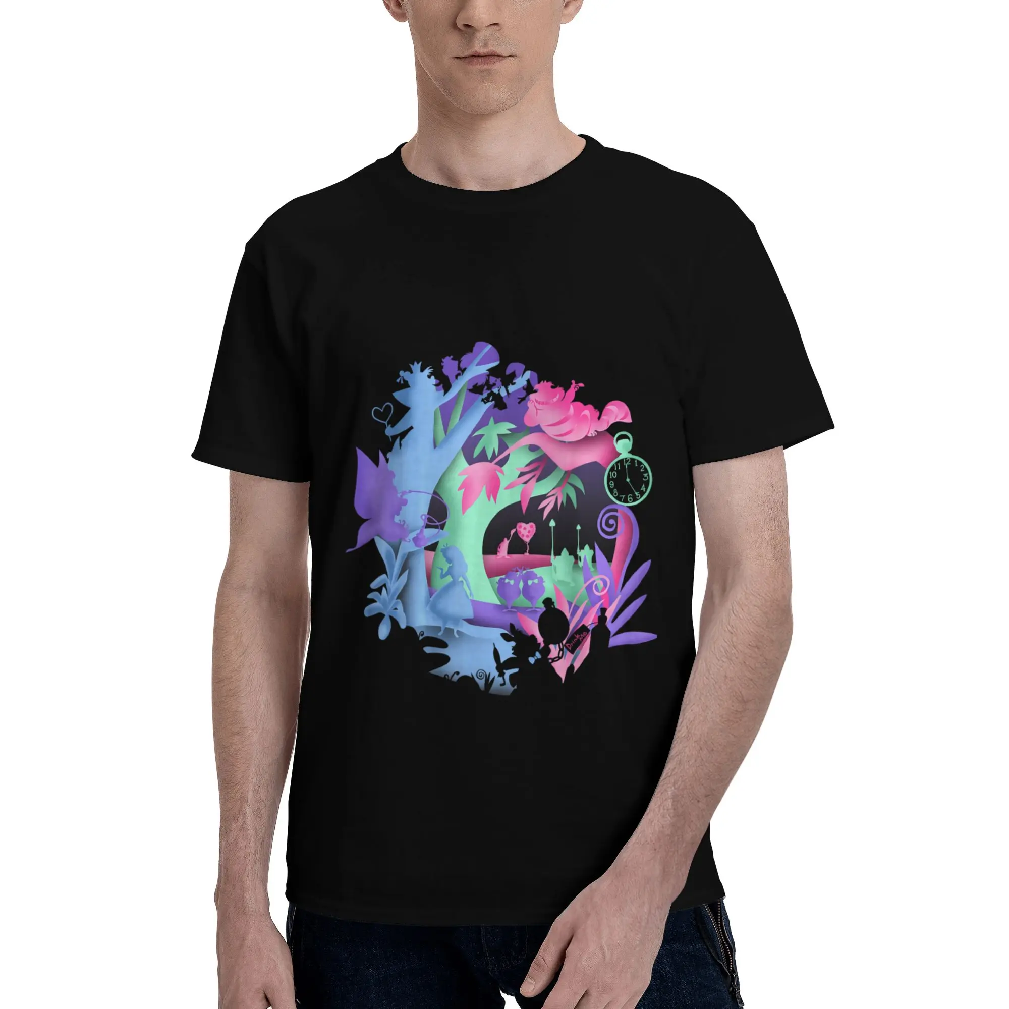 Camiseta de manga corta 100% algodón con silueta de bosque de neón de Disney Alicia en el País de las Maravillas, camisetas humorísticas para hombre, fugees