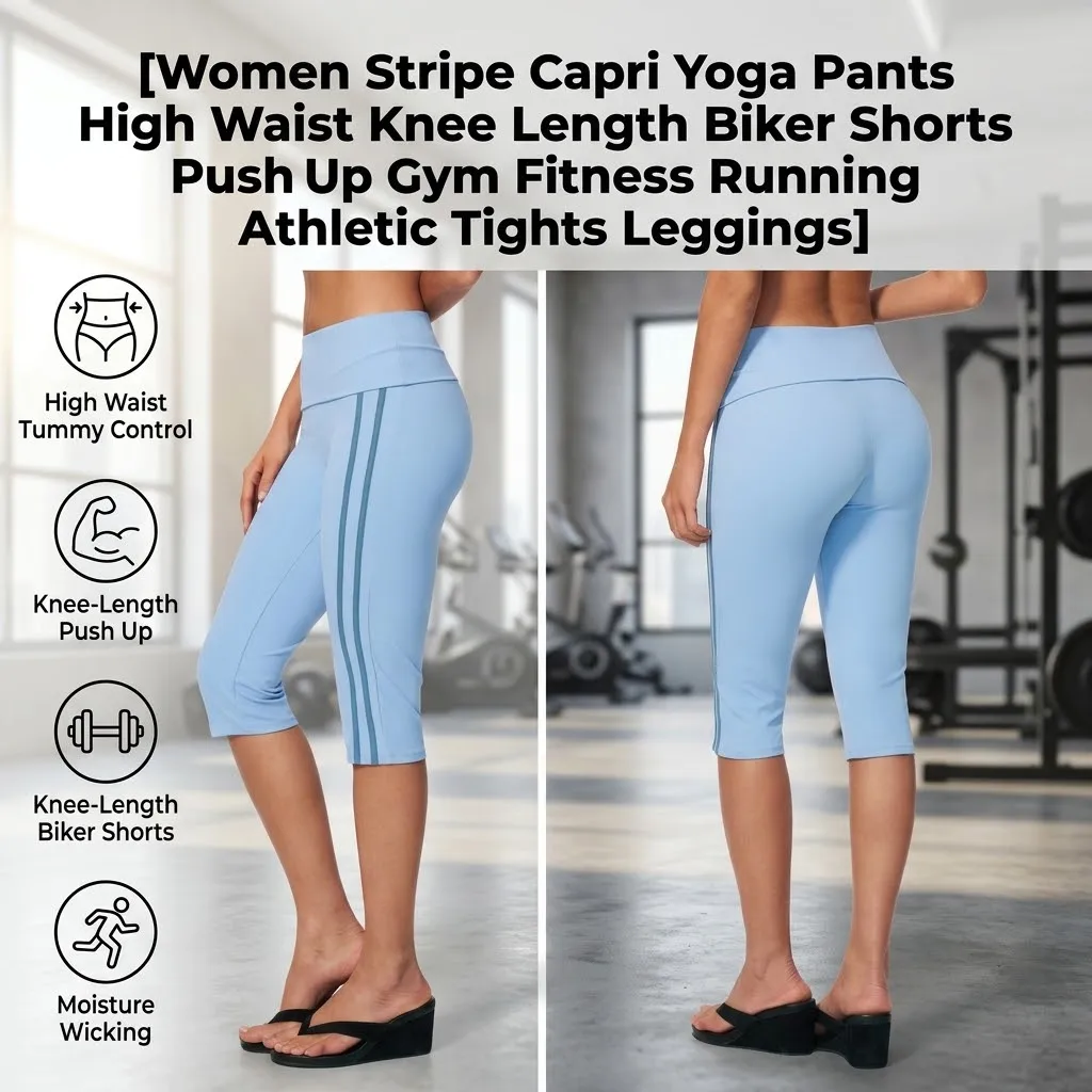 Women Stripe Capri Yoga Pants High Waist Knee Length Biker Shorts Push Up Gym Fitness Running Athletic Tights Leggings