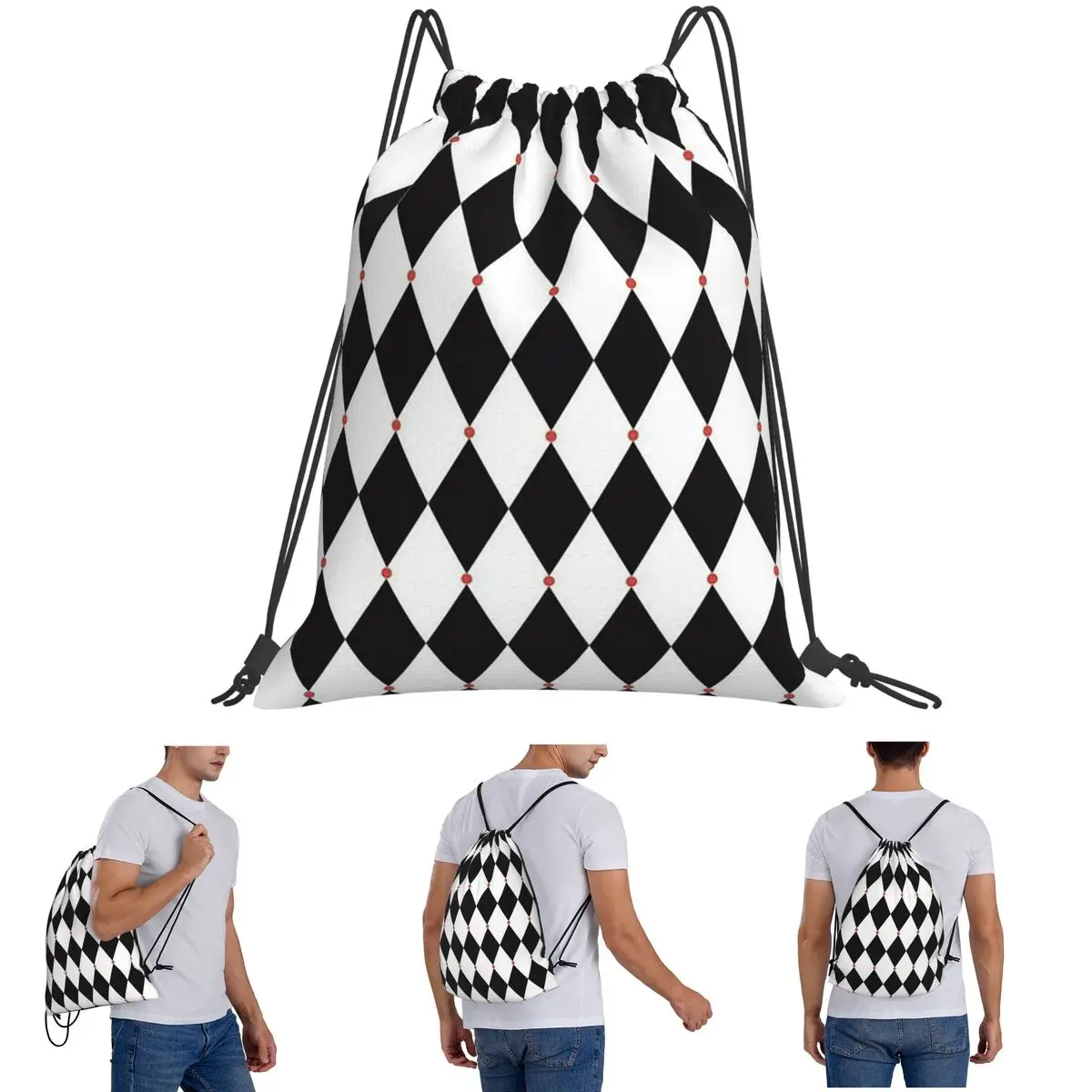 Harlequin Plaid Playing Cards Backpacks Multi-function Drawstring Bundle Pocket Sports Bag Book Bags for Travel School