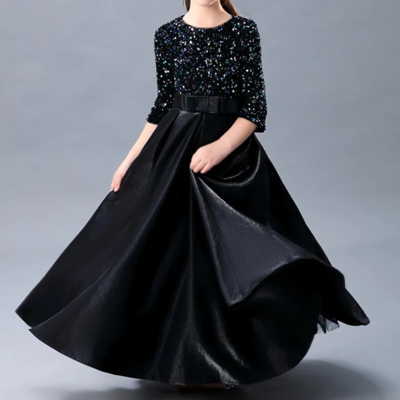 Robe de soirée élégante à col rond, robe de princesse à sequins, nœud simple, pli en satin, robe française personnalisée, manches mi-longues, classique, luxe