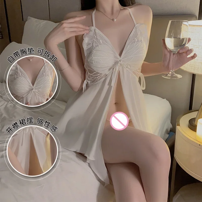 Sexy pijama pendurado pescoço banda profunda v puro desejo saia de dormir oco, perspectiva borboleta estilingue erótico sexy saia sexy