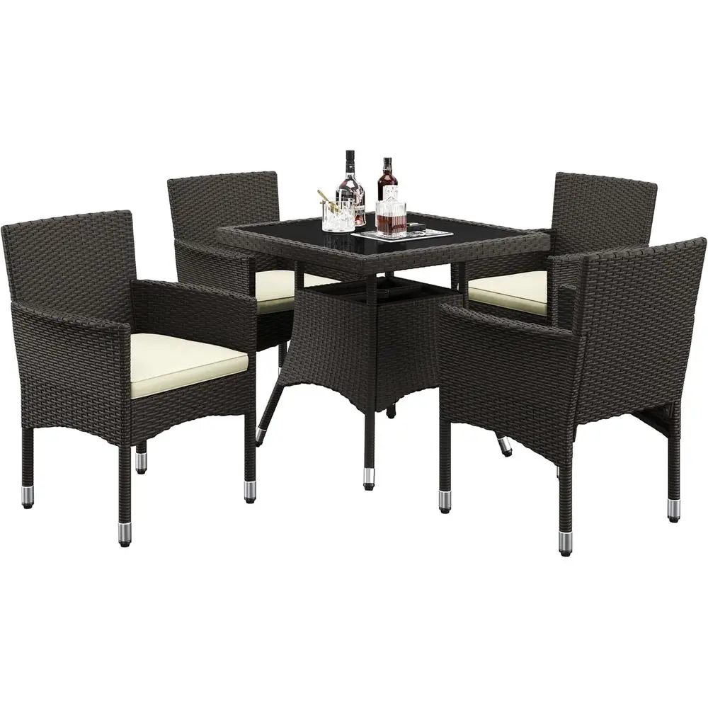 

5-Piece Outdoor Wicker Patio Furniture Set with Glass Table and Umbrella Hole, Brown/Beige