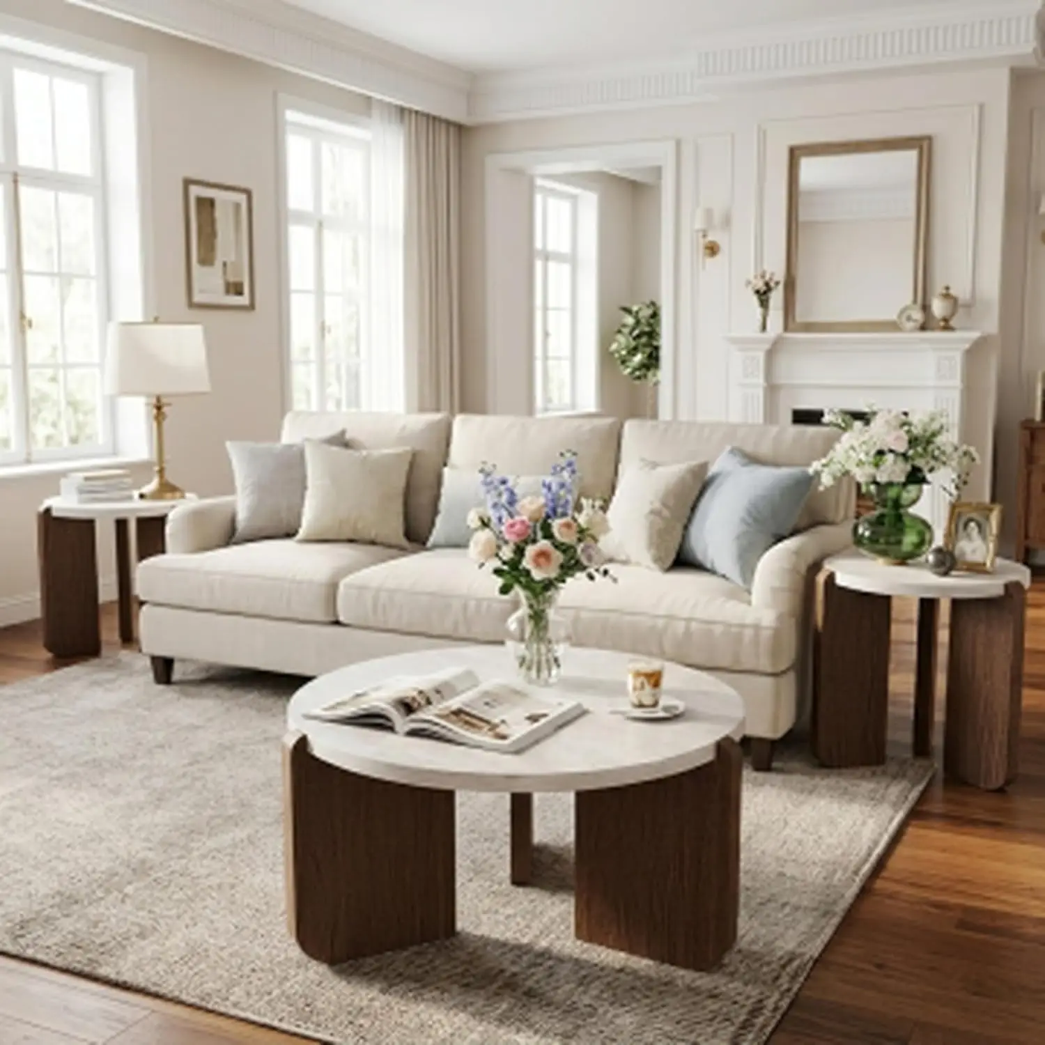 

Round Faux Marble 3-Piece Coffee & End Table Set Modern Living Room Office Apartment Bedroom Easy Assembly, Customized