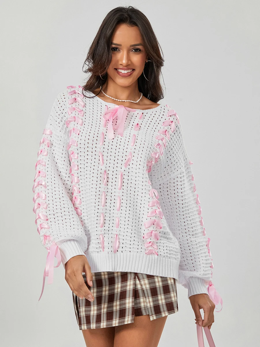 

Women Y2k Sweater V Neck Crochet Knitted Long Sleeve off the Shoulder Pullover Jumper Cute Bow Tops