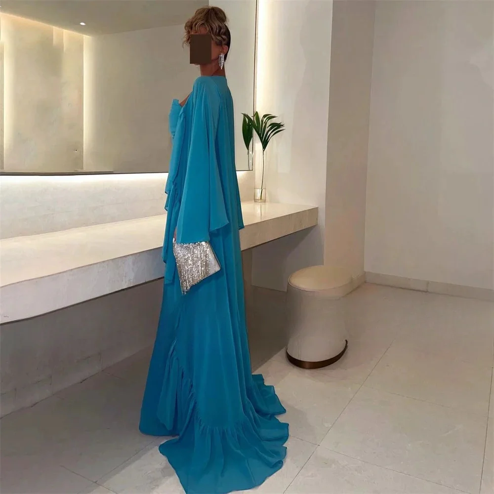 Sansa Elegant Blue Long Sleeved Prom Dresses Square Collar Pleats Shawl Vestidos de fiesta Mermaid Floor-Length فساتين سهرة2024