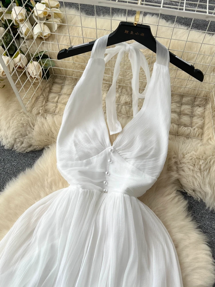 Summer Elegant White Dress Women Sexy V-neck Backless Bandage Beach Dresses Ladies Vintage A-line Chiffon Long Robe Vestidos