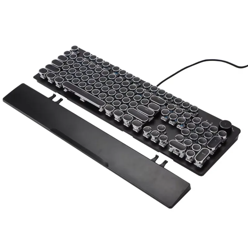 Retro Punk Typewriter-style Gaming Keyboard USB Wired Round Keycaps Mechanical Keyboard With Detachable Palm Rest