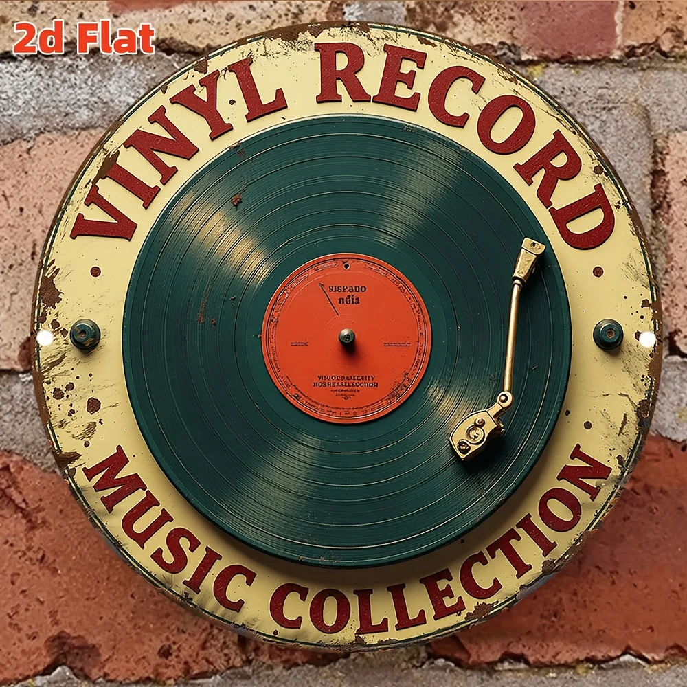 2D Flat Retro Vinyl Record Wall Decor - Vintage LP Design with Rounded Corners - Green Background, Waterproof And Dustproof - Su