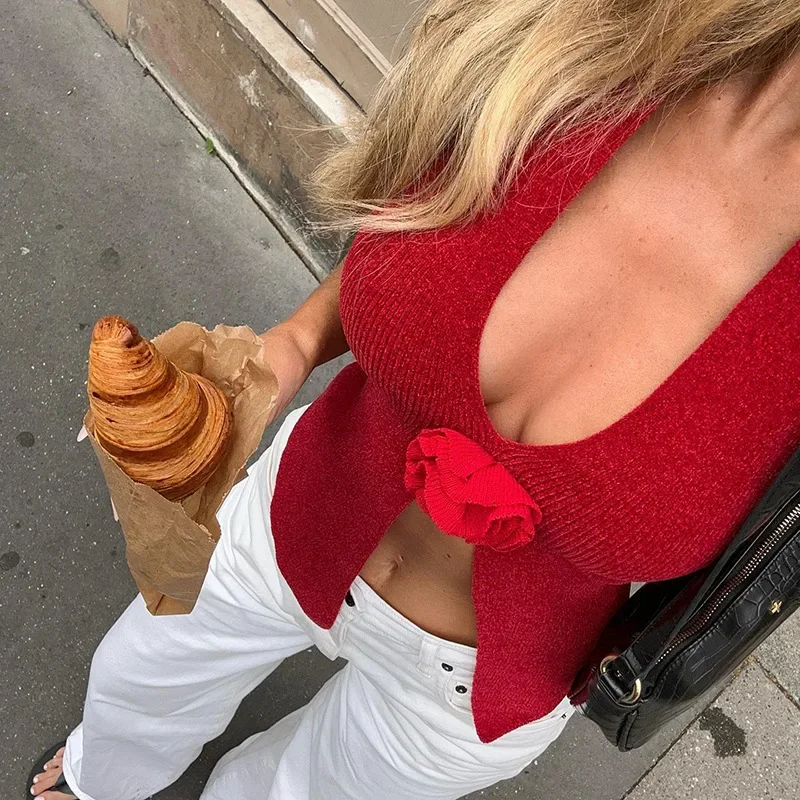 Summer New Fashion Style Spicy Girl Sexy Slim Fit Flower Design Hanging Neck Knitted Tank Top for Women CSM69-4