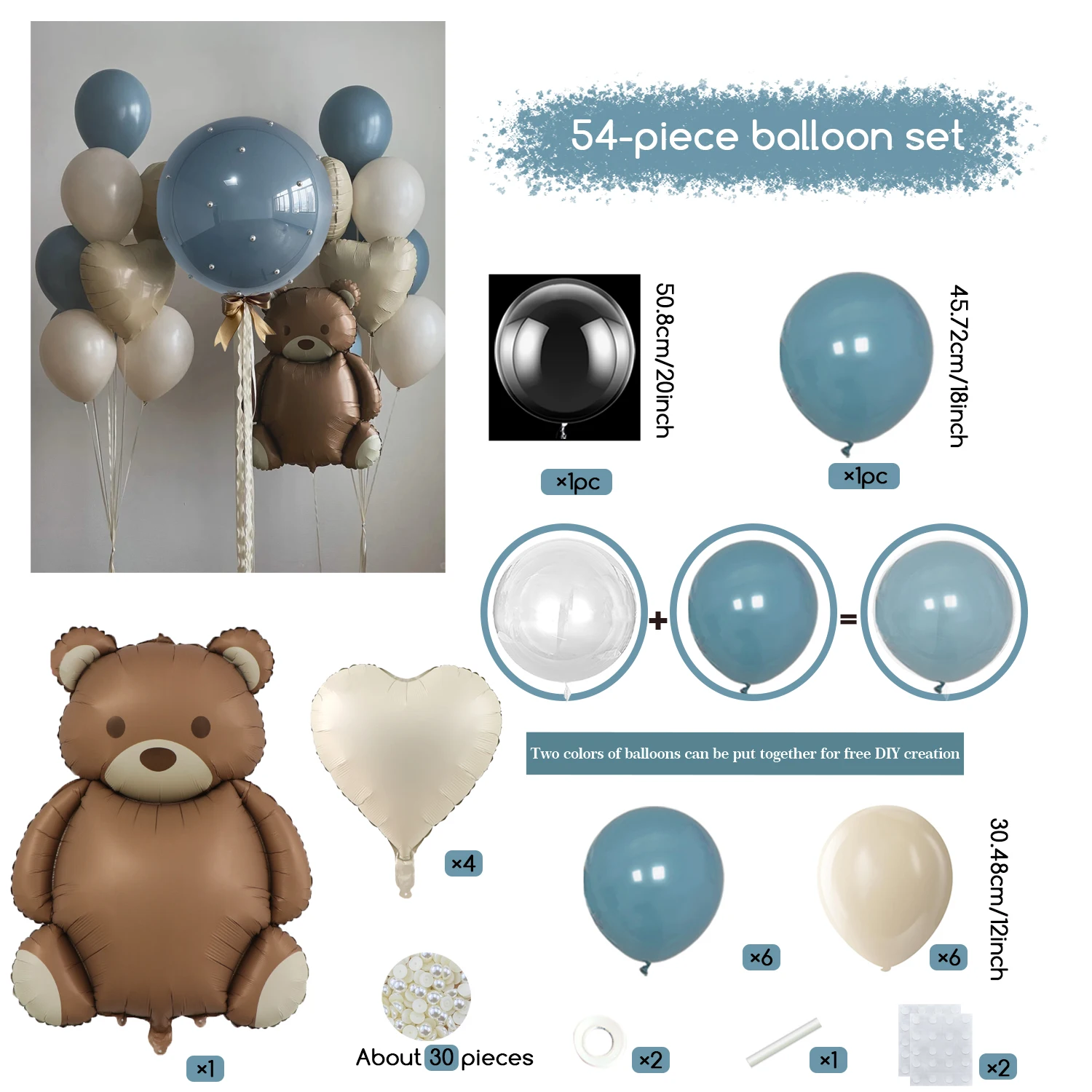 Cartoon-Braunbär-Ballon-Set, sandweißer Nebel, blauer Latexballon, geeignet für Geburtstag, Hochzeit, Festival, Party-Dekoration – Detail 2
