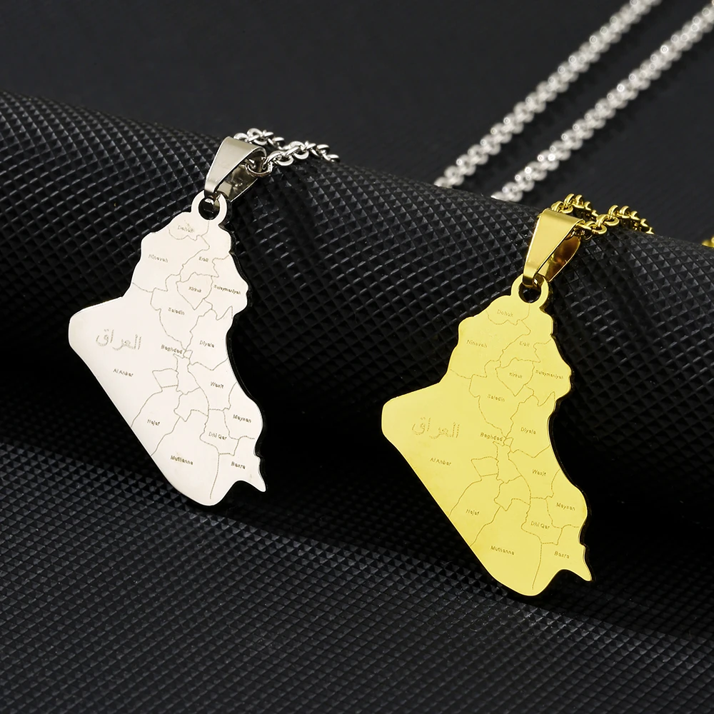 2025 Trendy US EU Hot Sale Stainless Steel Iraq Map City Name Pendant Necklace Unisex Couple Ethnic Style Patriotic Jewelry
