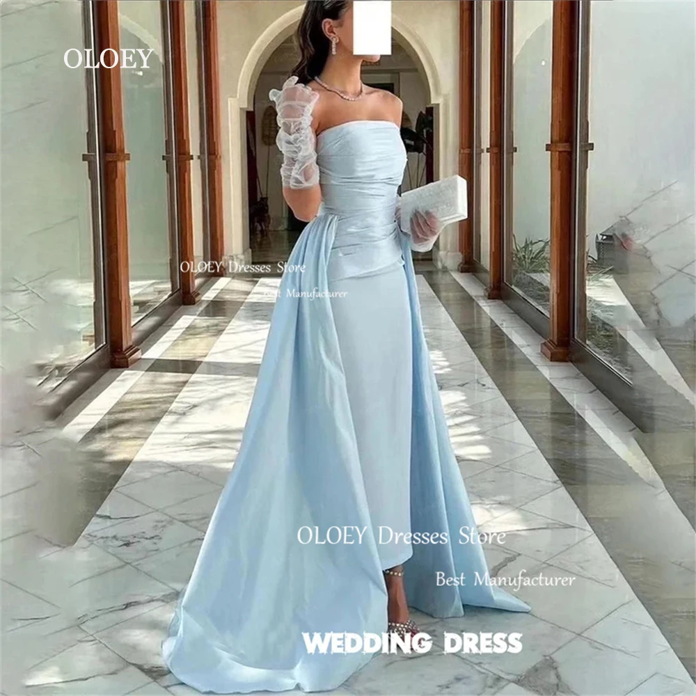 OLOEY Elegant Blue Strapless Evening Dress Sleeveless Pleated Satin Prom Dress With Long Shawl Customized Formal Occasion Gowns