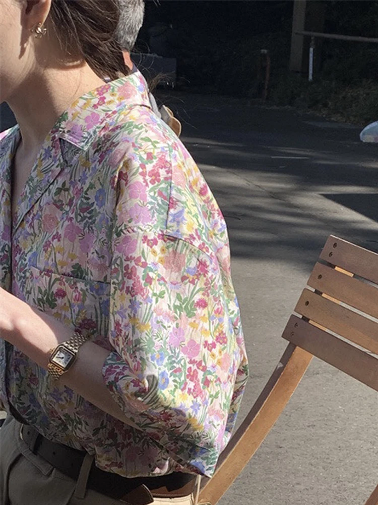 

Lerobe Women's Loose Fit Floral Print irt Korean Sle Casual Summer New Arrival ort Sve Turn-down Collar Top