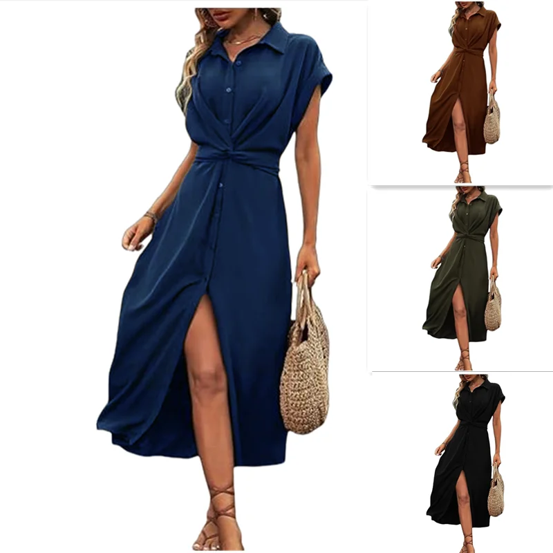 Spring Summer Women's Dresses Streetwear Short Sleeve Pullover V-Neck Dress Solid Colour Casual Women's Dresses Clothing S-XL