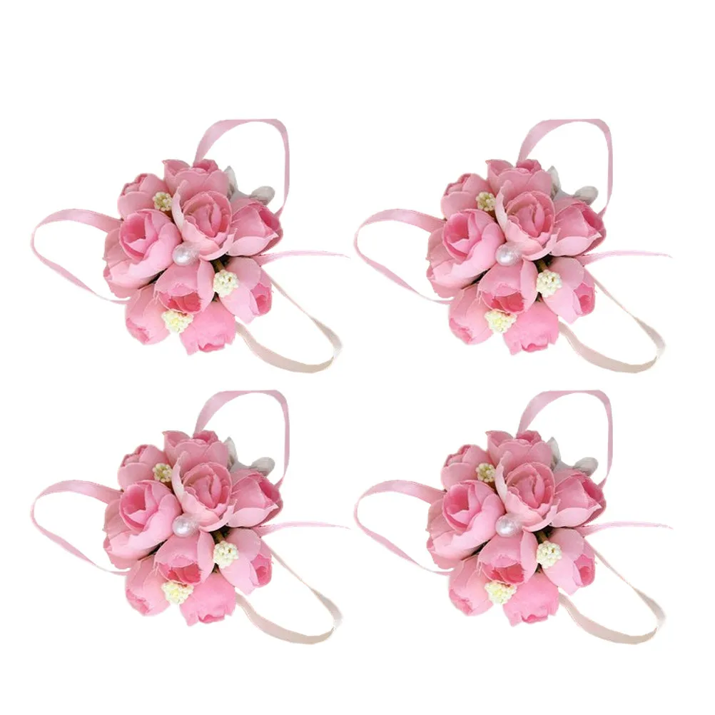4Pcs Dreamy Wedding Wrist Flower Brooch High Quality Silk Artificial Flower Elegant Bridal Wrist Accessory for Celebration Pink