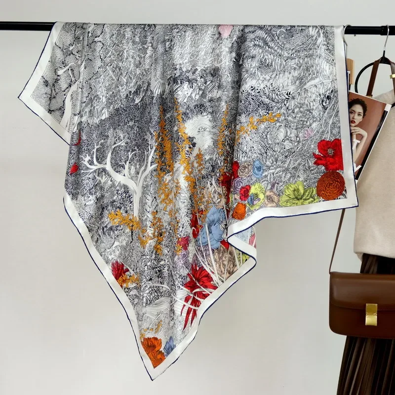 

Элегантный женский шарф-платок премиум-класса из высококачественного атласного шелка с принтом «Возвращение к природе» и ручной отделкой края, большой квадратный размер