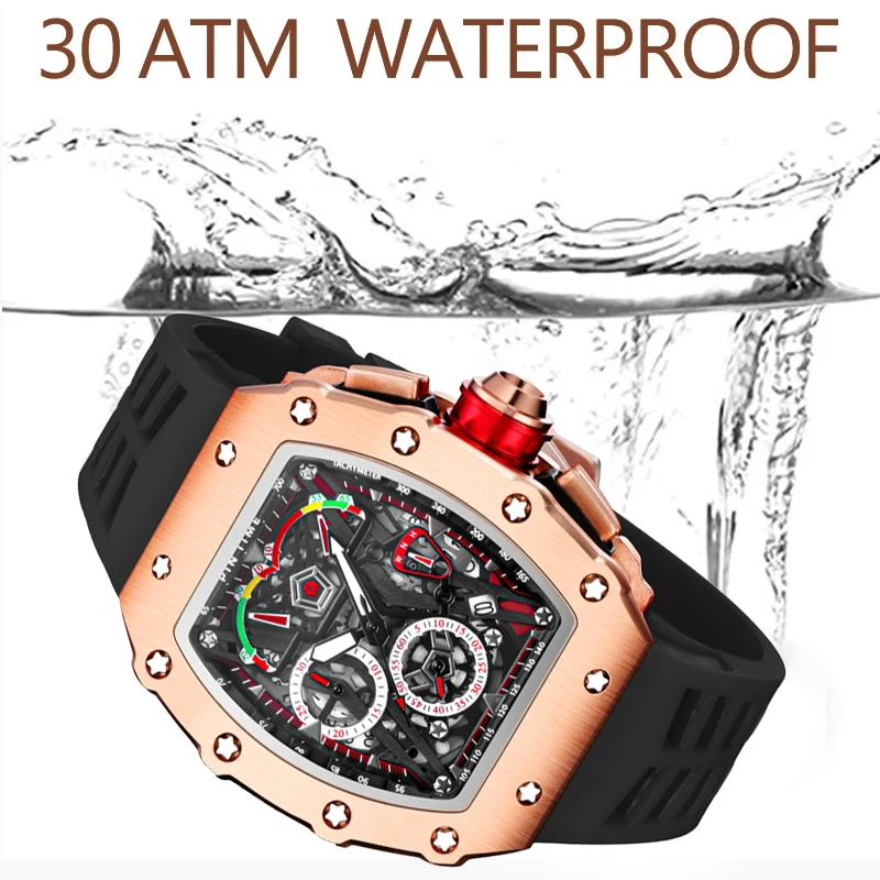 PINTIME Casual Men Fashion Sport Rose Gold Watch Chronograph Function Stopwatch Rubber Strap Auto Date Male Luxury Wristwatch