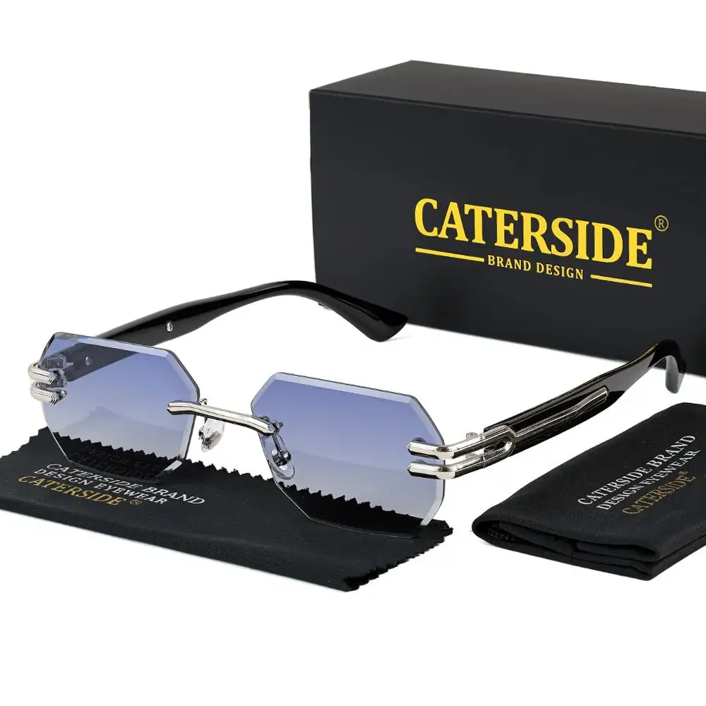 CATERSIDE Neue rahmenlose Sonnenbrille für Herren, modische polygonale Spiegellinsen mit Farbverlauf, Metallrahmen, Damen-Party-Sonnenbrille für den Außenbereich – Detail 28
