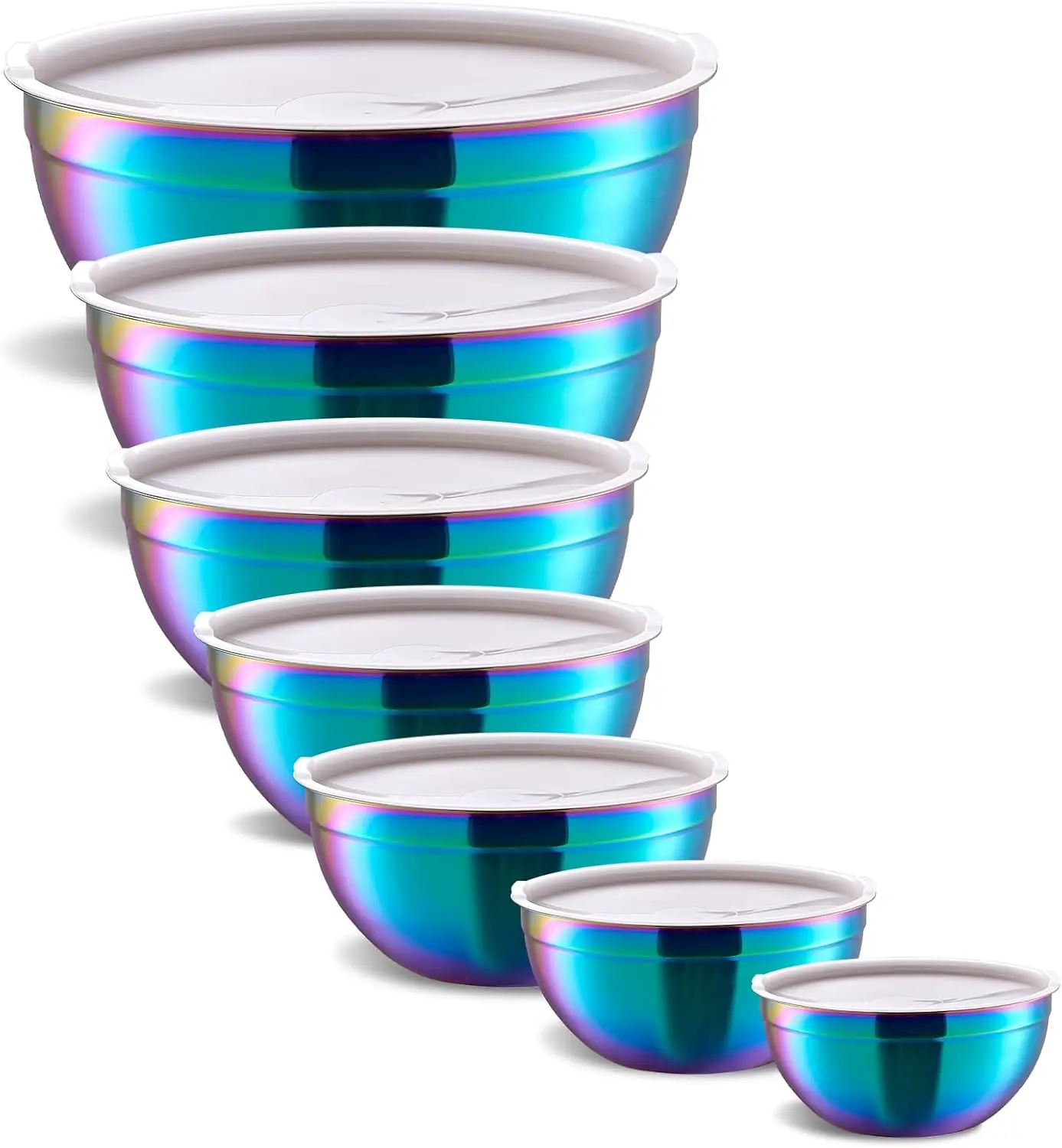 

Rainbow Mixing Bowls with Airtight Lids, Stainless Steel Salad Bowls 7-Piece Nesting Set in Sizes 7 to 0.8QT Stackable