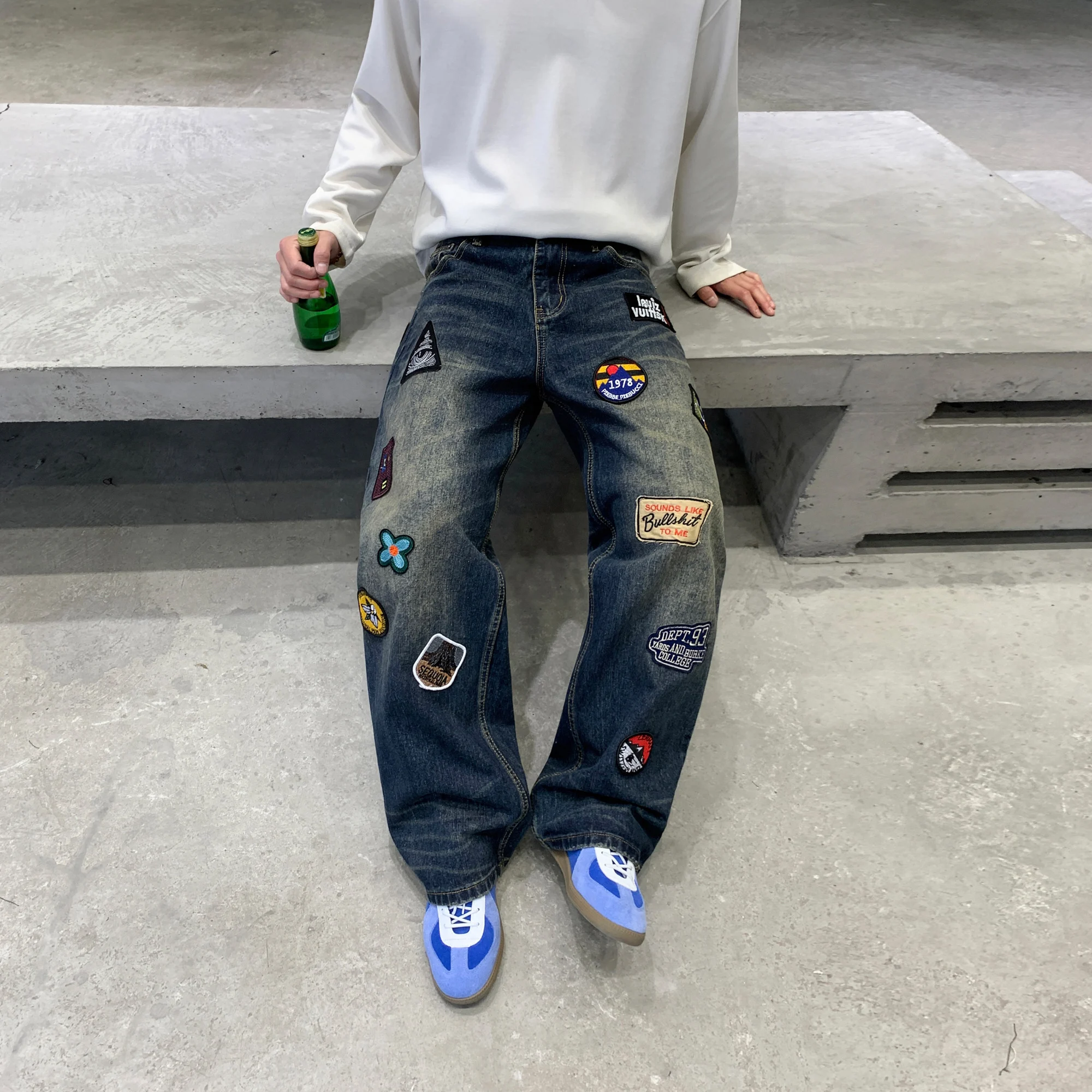 

New 2026 American Patch Bae Loose Straight Blue Waed Jeans Men's Casual Straight Leg Jeans mid Waist Ultra Long Cotton Denim