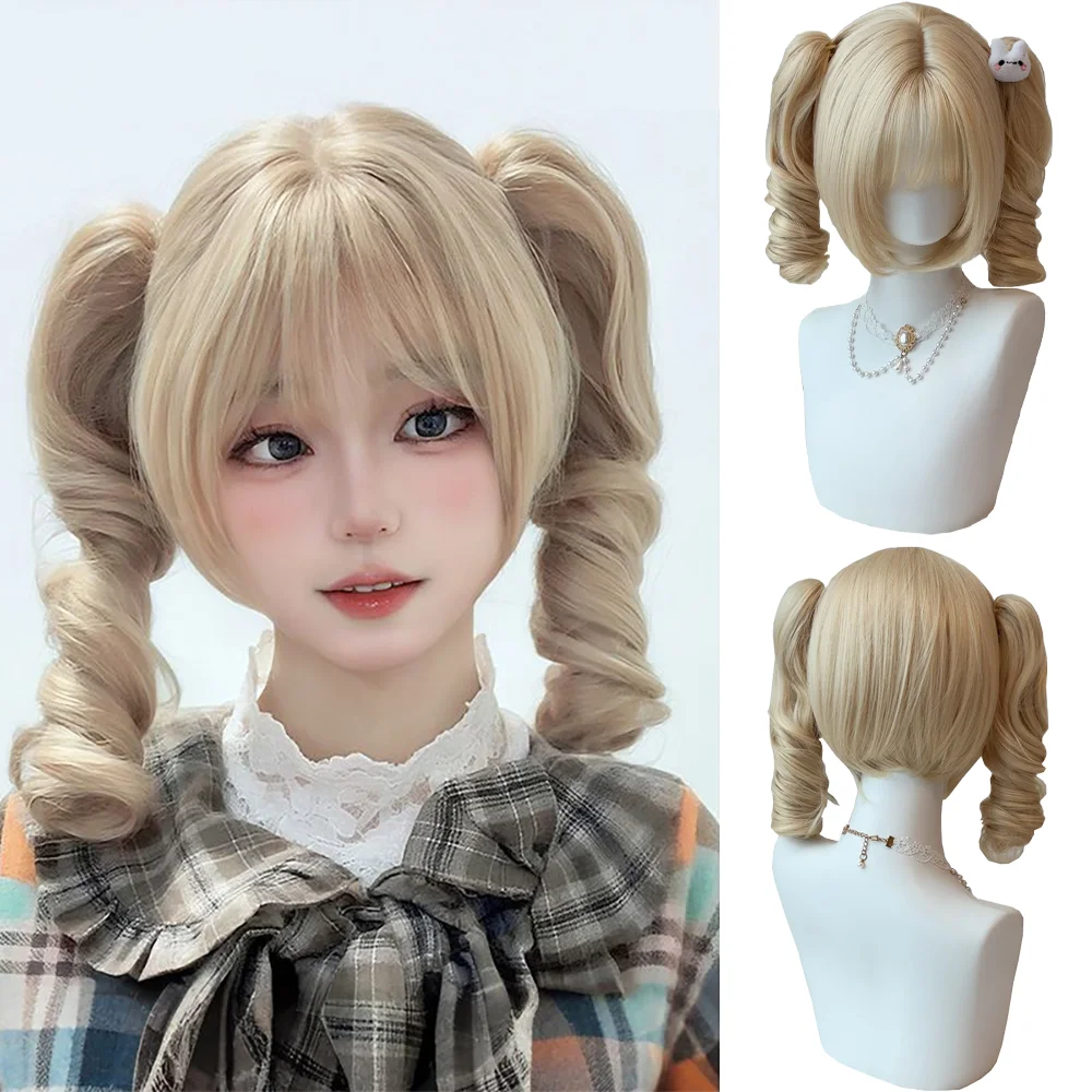 شعر صناعي مجعد روماني، ذيل حصان قابل للفصل، حلو ولطيف، مناسب للنساء، شعر مستعار لوليتا اليومي للعب الأدوار