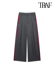 TRAF-Women's Contrast Side Striped Wide Leg Pants, Mid Waist, Zipper Fly, Female Trousers, Chic Fashion