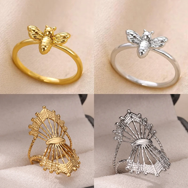 Mode Biene Ringe Für Frauen Design Gold Farbe Edelstahl Biene Ring Hochzeit Verlobung Weihnachten Schmuck Geschenk
