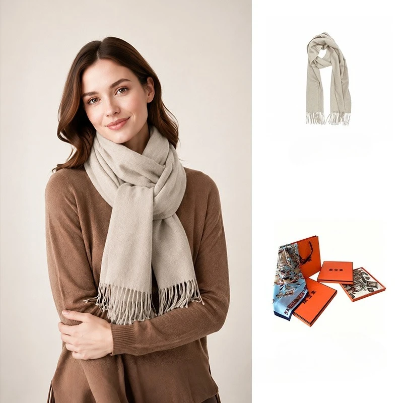 100% Wool Cashmere Solid Color Scarf Winter High-Quality Tassel Shawl Minimalist Warm Long Wrap Women Men 30*180CM